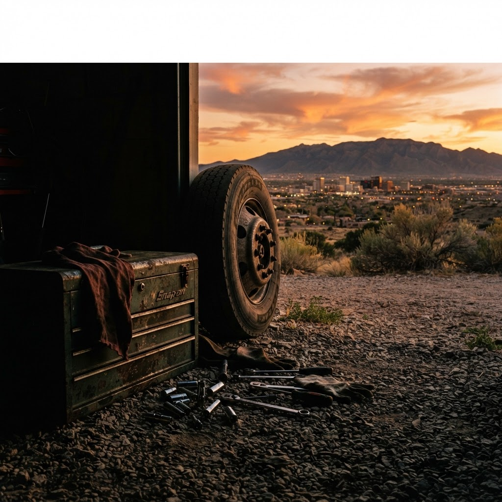 A mechanic's toolbox and hand tools on gravel with the Albuquerque skyline and Sandia mountains at sunset